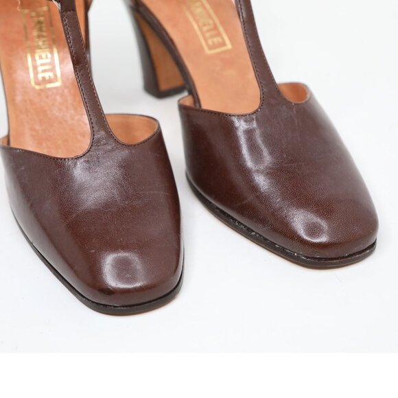 Vintage Emanuelle Brown Leather T-Strap Pumps 80s Chunky Heels Retro Granny - Picture 12 of 12